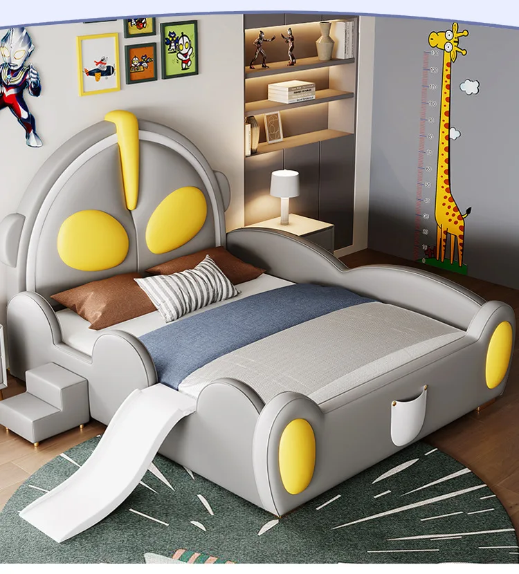 Ultraman single bed Solid wood with guardrail soft cover headboard slide Cartoon castle boy leather bed
