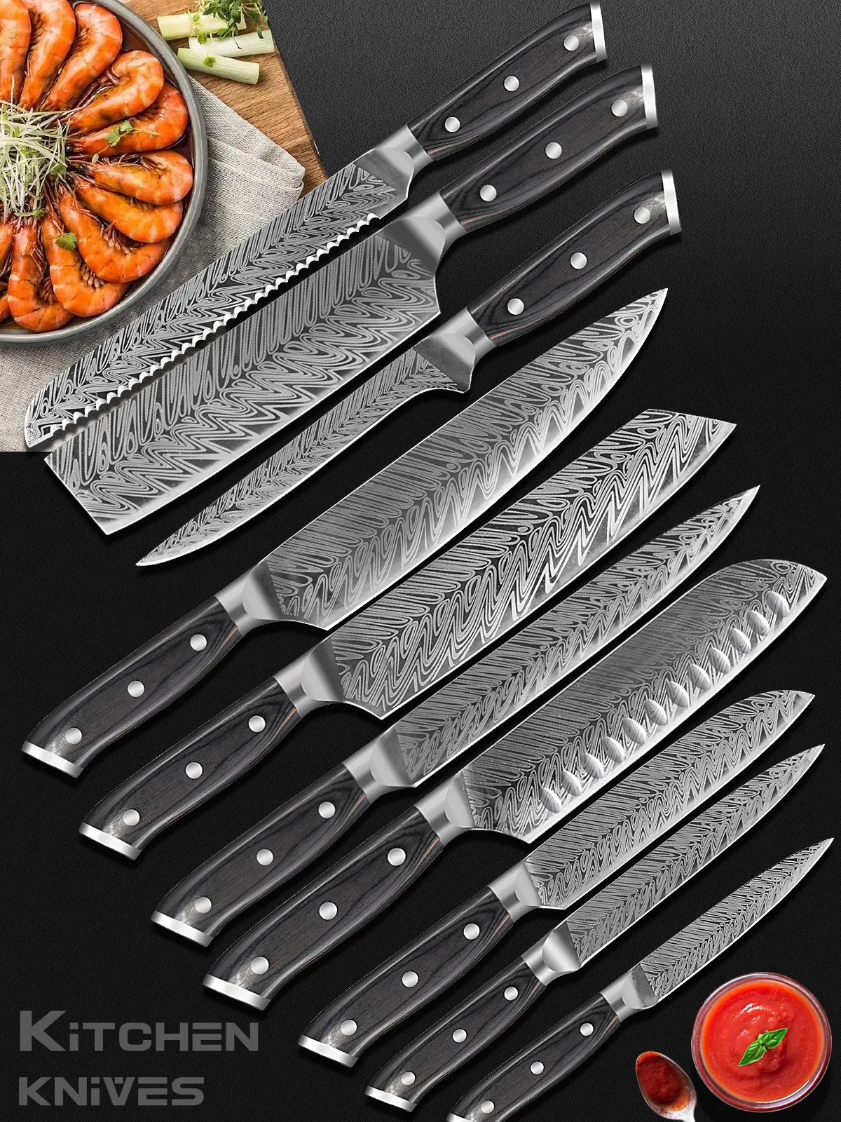 Professional   damascus laser patter steel luxury   black  kitchen knife set with oak wooden block and  acrylic stand