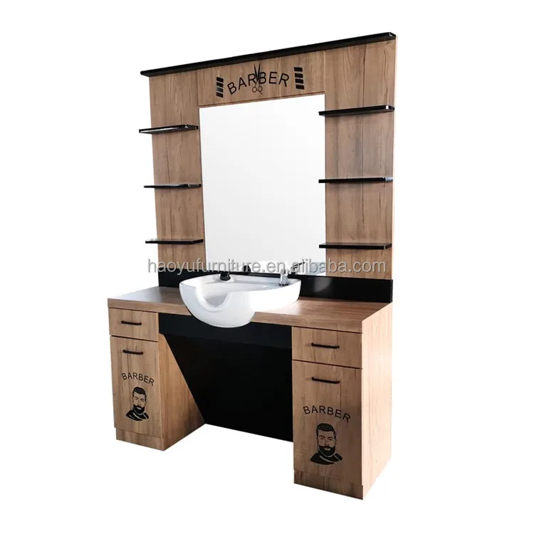 wood color champion barber station with white sink classic barber station mirror hair washing station