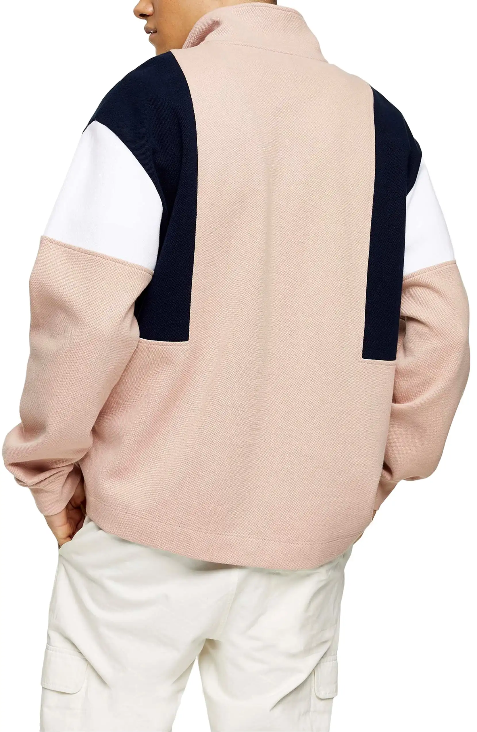 MGOO Heavyweight French Terry Pink Color Men Oversized Pullover Custom Colorblock Quarter Zip Sweatshirt