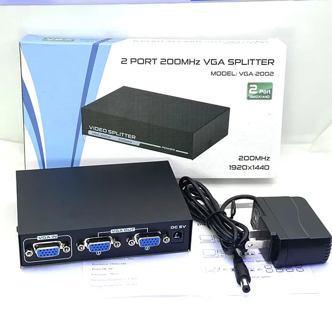 2-Port VGA Splitter with Signal Booster High Resolution Video, 200MHz, 2048x1536