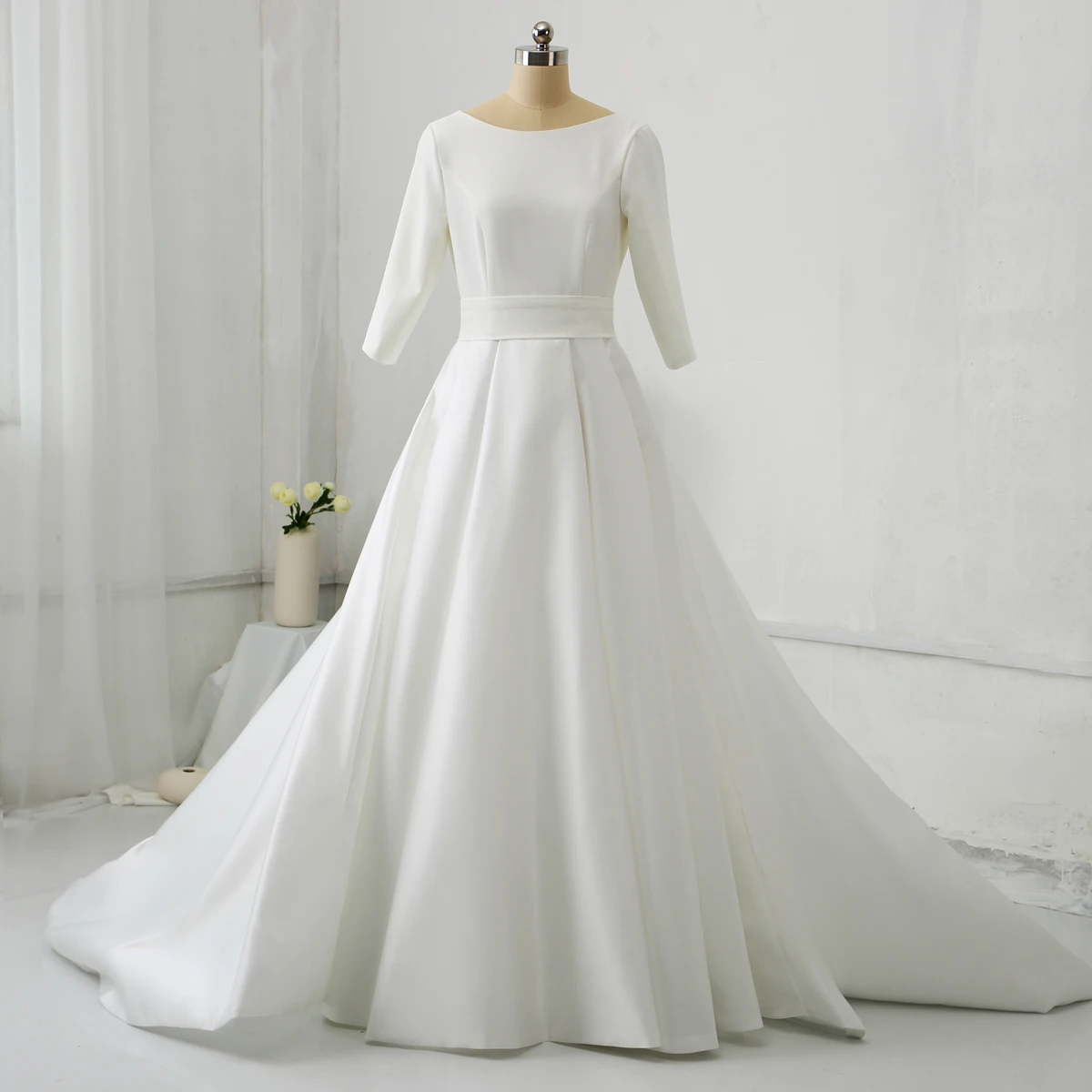 Silk Satin Bridal Gown with Half Sleeves Pockets Wedding Dress