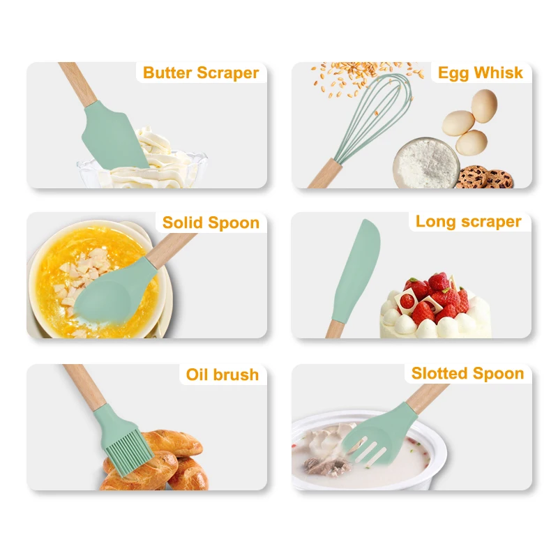 Korean Hotel Modern Unique Cheap ECO Friendly Private Label Bulk Silicone Kitchen Utensils Cooking Ware Set Beech Wood Handle