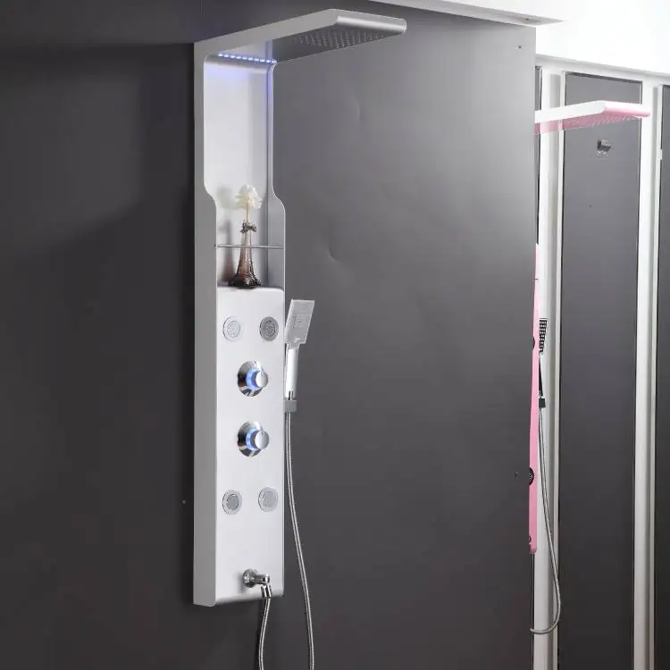 Intelligent black bathroom shower column led light waterfall massage shower panel with handshower