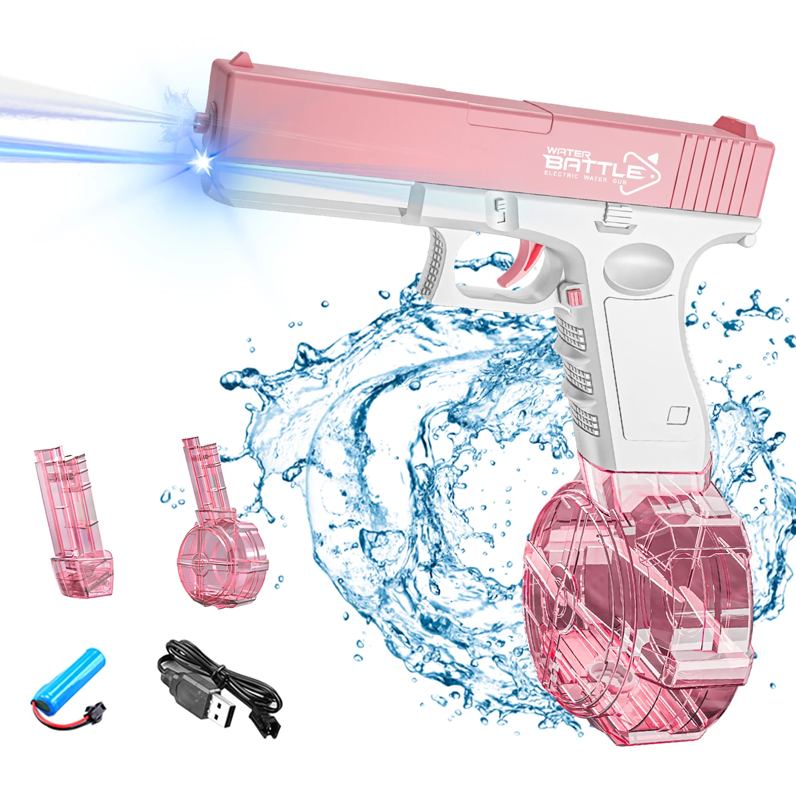 Child Gun Pistol Water Bullet Toy Large Capacity Powerful Glock Electric Fully Automatic Water Gun With Light For Indoor/Outdoor
