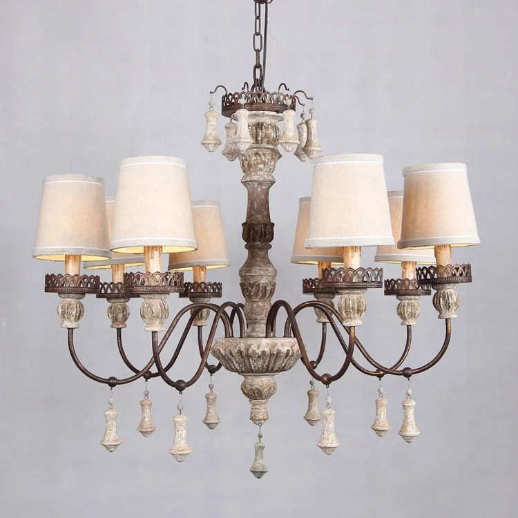 New solid wooden cheap chandelier ,linen shade 8-lights retro iron chandelier