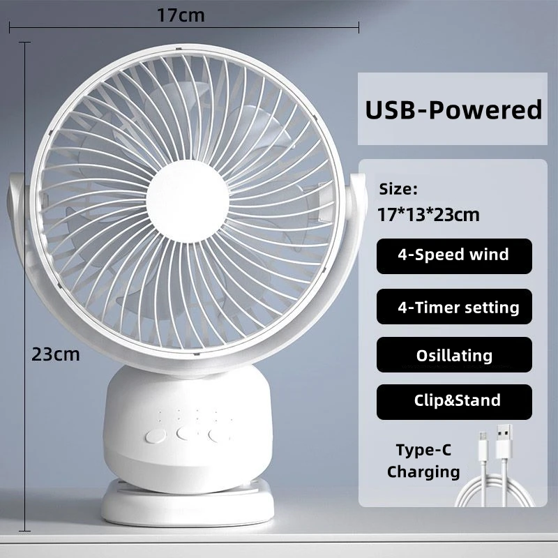 Portables Stroller Clip-On Fan Low Noise Table Fan 4 Speed Oscillation and 4 shutdown Timer Settings Electric Fan