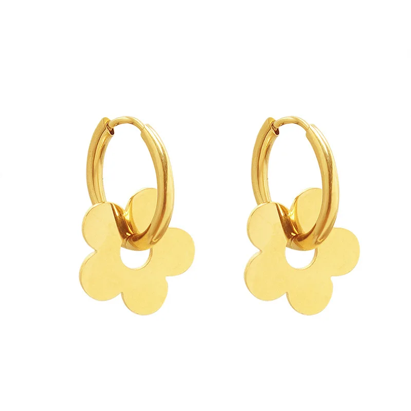 Vintage French 18K Gold Plated Stainless Steel Circle Daisy Flower Earrings Jewelry Flower Pendant Hoop Earrings For Women