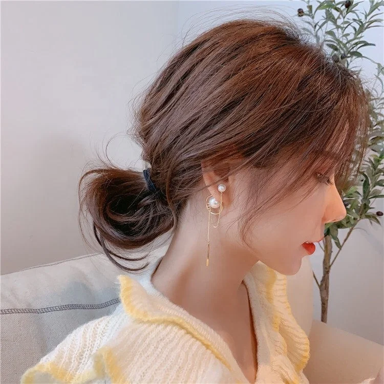 2021 Korean version of 925 needle long dangle pendant pearl gold hoop earrings