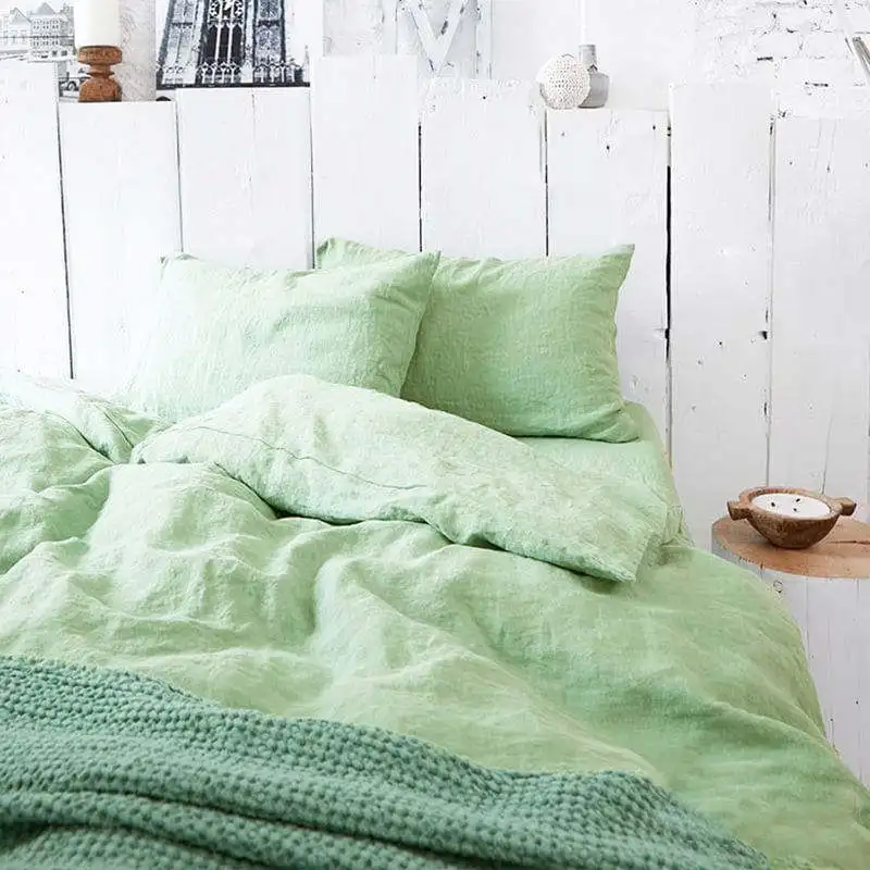 Wholesale/Retail Mint Green 100% Pure French Flax Linen Bedding Set 4 Pcs Non-Disposable Stone Washing Solid Pattern Home/Hotel