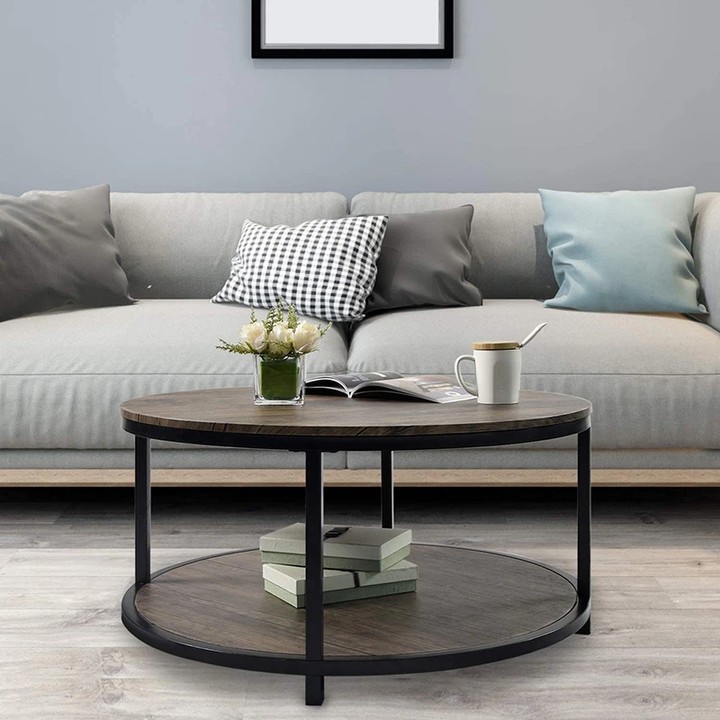Factory wholesale living room simple round double layer black wooden coffee table