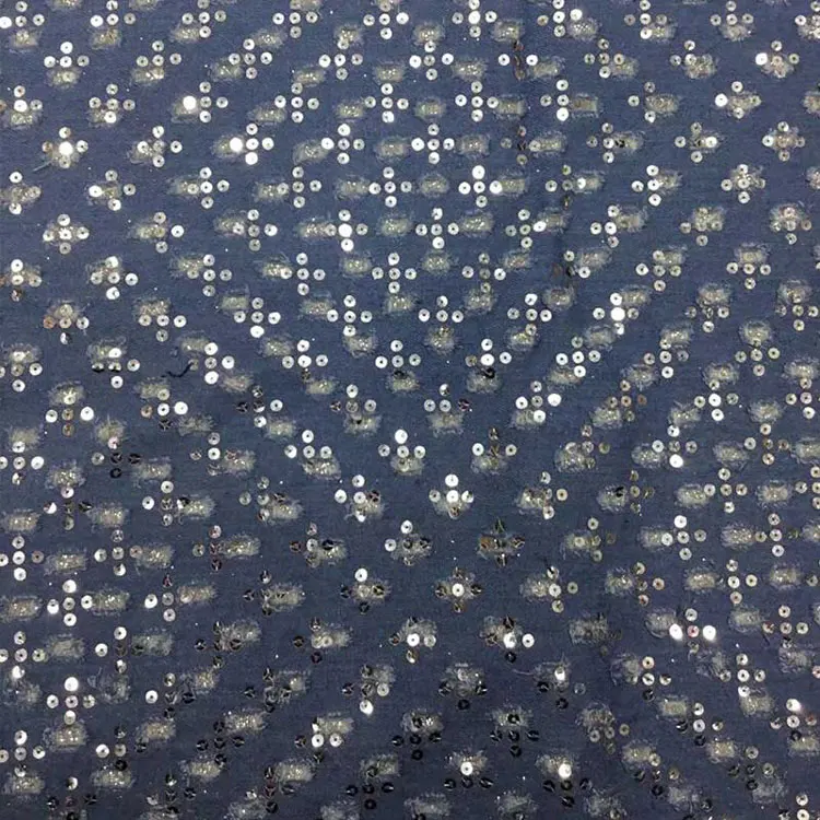 New design polyester sequin perforated Hollow stretchable embroidered cotton denim fabric for clothes