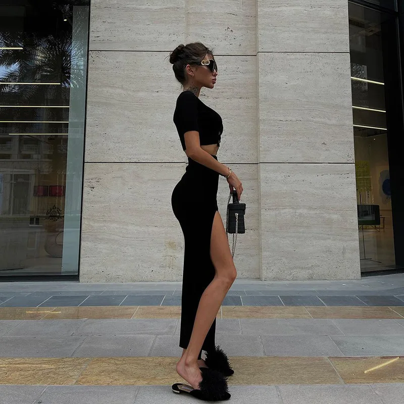 Wholesale 2022 summer new short sleeved top, Hip Wrap long skirt, two-piece set, high split fashion leisure suit