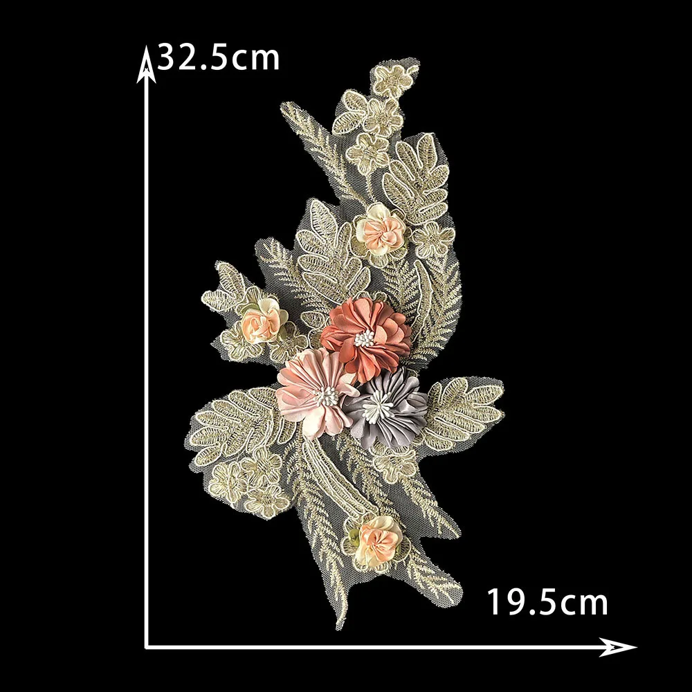 3D Gold Flower ABS Pearl Beaded Embroidery Patch Mesh Fabric Sew Wedding Dress Applique