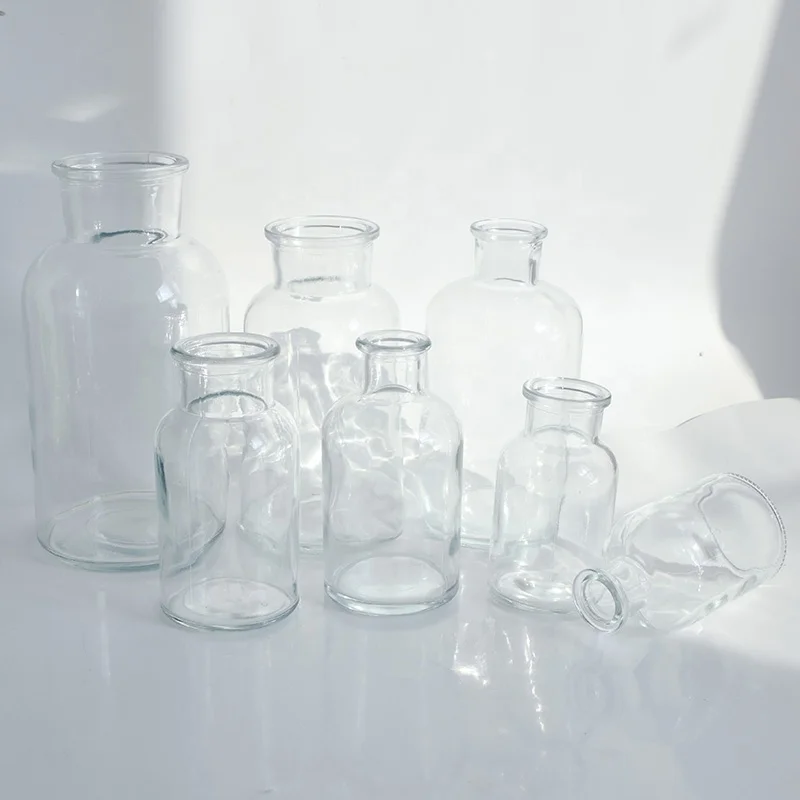 Transparent Wide-Mouth Wood Stopper Glassware Laboratory Reagent Dispenser Bottle for Home Decoration and Chemical Seal