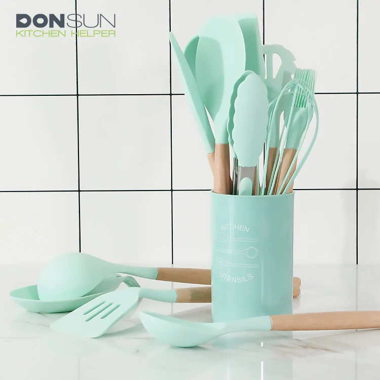 Amazon hot sale Cooking 13 Pieces Silicone Kitchen Utensils Set with plastic bucket