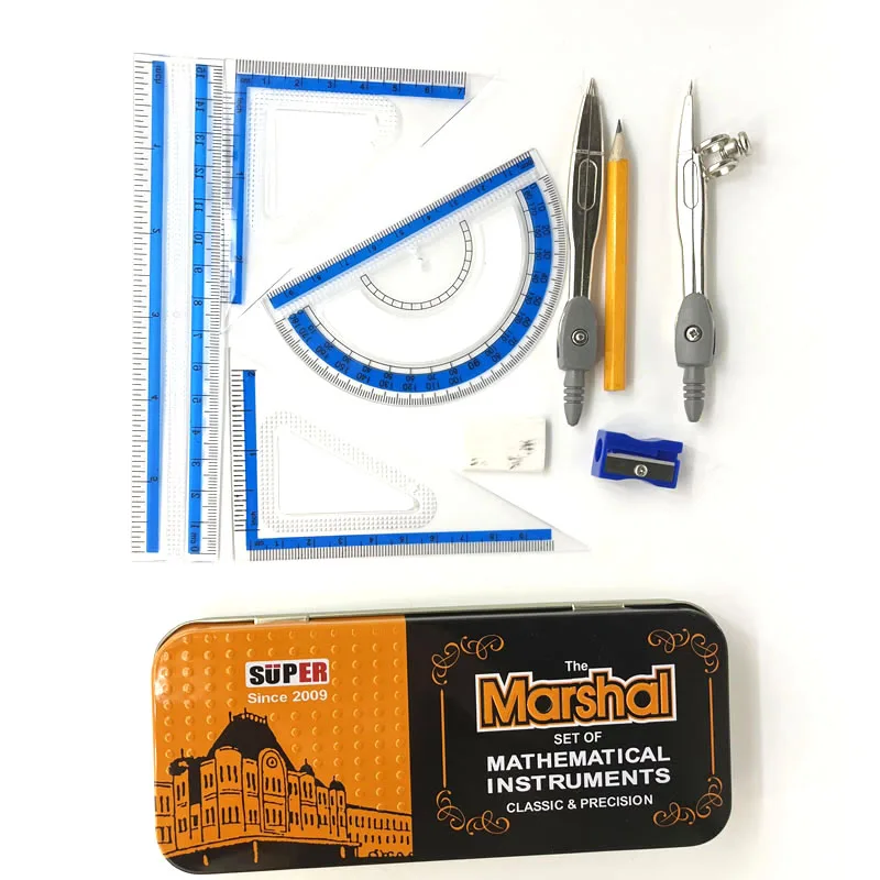Оптовая цена 9 шт. супер Маршал дизайн школьный металлический компас геометрический математический набор в жестяной