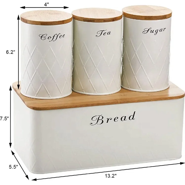 Set of 4 Bread Box and Canister Set for Kitchen Countertop Metal Bread Bin Sugar Tea Coffee Storage Canister with Lid
