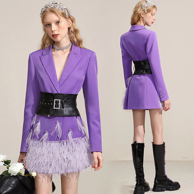 OEM ODM wholesale women slim fit beading feather hem blazer dress with leather belt
