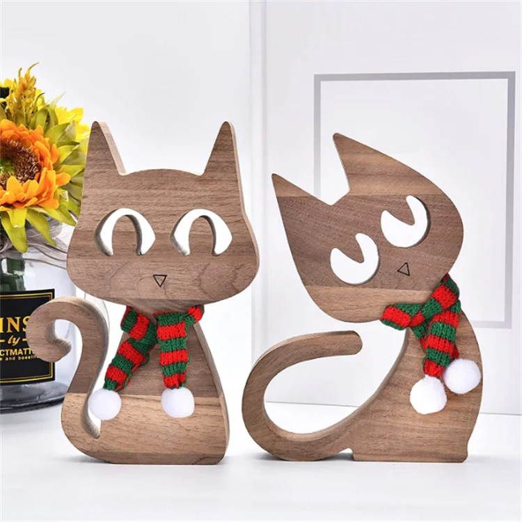 Christmas Home Table Decorations Wood Crafts Office Desk Decor Cat Sculpture Wooden Ornaments Carving Cute Pet Cat Figurines