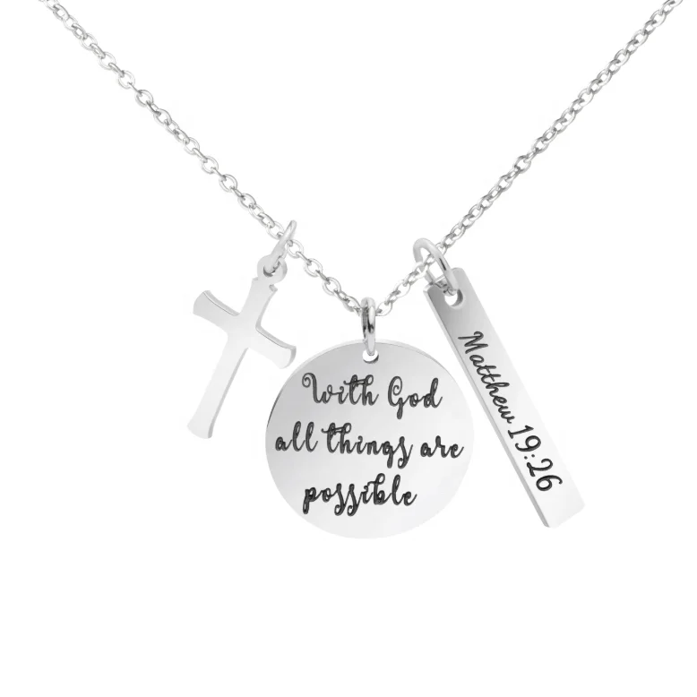 Joycuff  Wholesale High Quality Steel Jewelry Custom Bible Verse Christian Bar and Disc Pendant Necklace