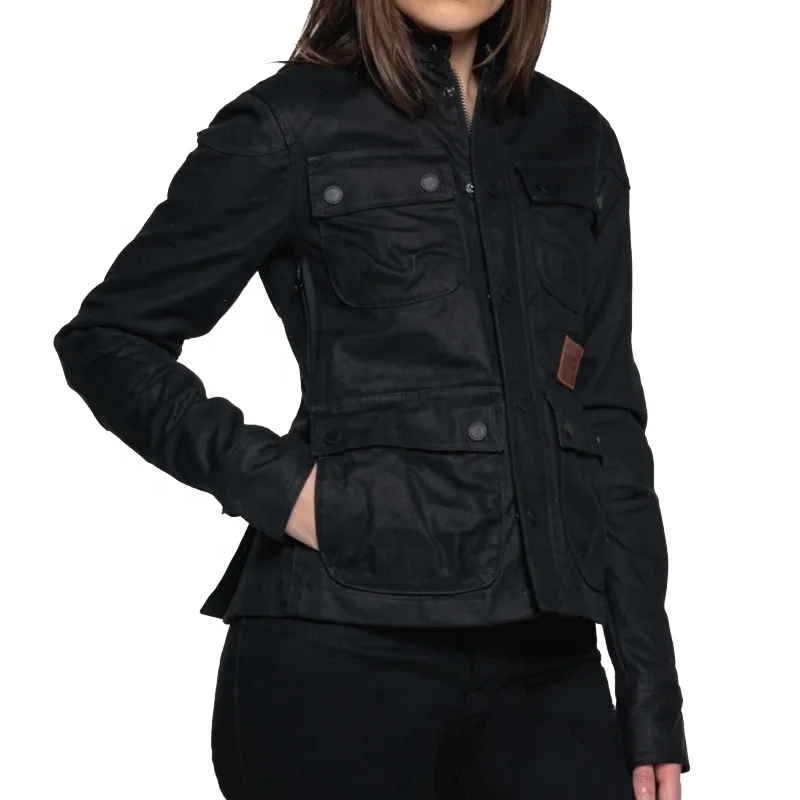Air Flow Sleeve Water Repellent Waxed Canvas Work Style Women Motorcycle Jacket with Buttons