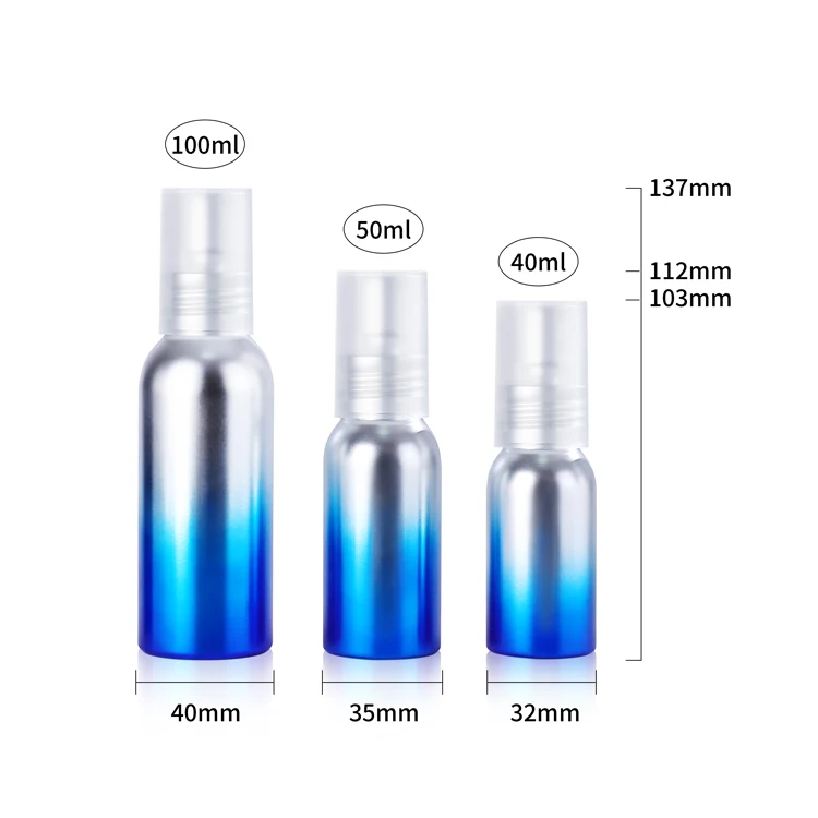 40ml 50ml 100ml custom refillable empty cosmetic recycled aluminum lotion pump essential oil dropper bottles spray pump bottle