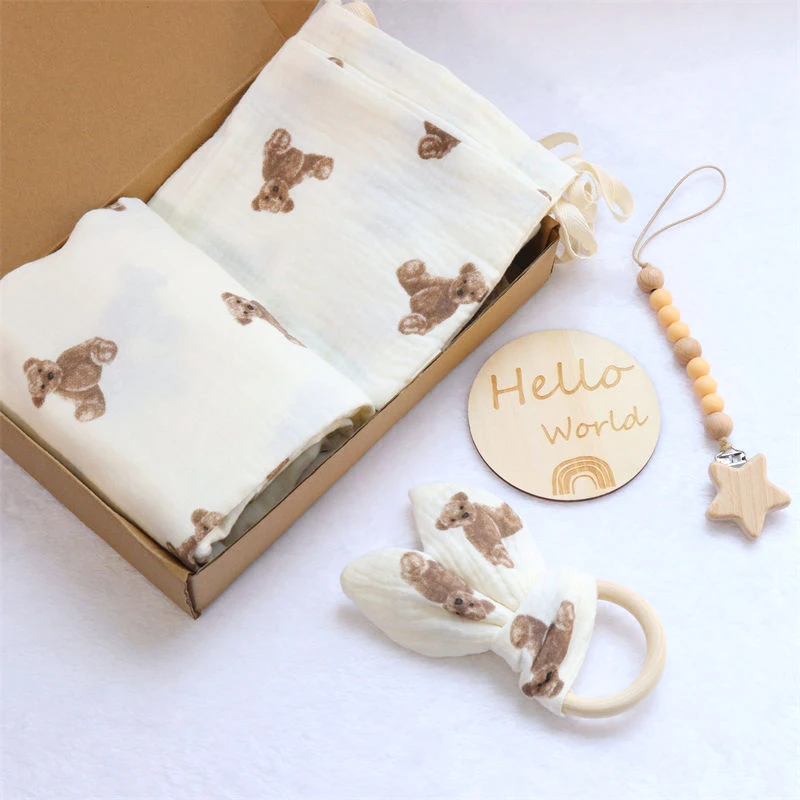 newborn set cute Bear print milestone muslin swaddle blanket babies bedding Pouch new born baby box gift set