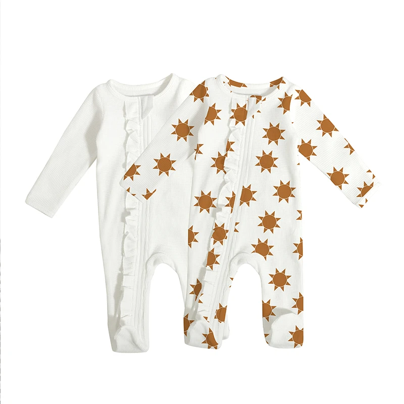 Organic Rib Printed Newborn Jumpsuit White Sleeve Cover Placket Zipper Infant Bodysuit Sun Back Lace Baby Rompers