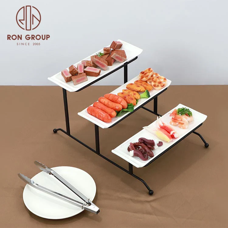Restaurant hotel catering party tools snack 3 tier ceramic dish with iron rack serving fruit buffet food display stand