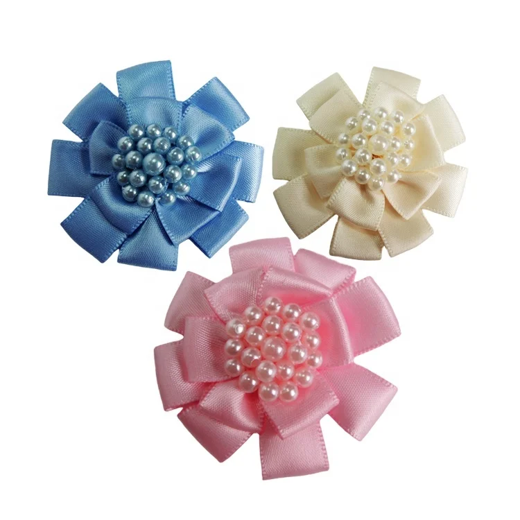 Wholesale Garment Decorative Flower Handmade Satin Ribbon Flowers With Pearls