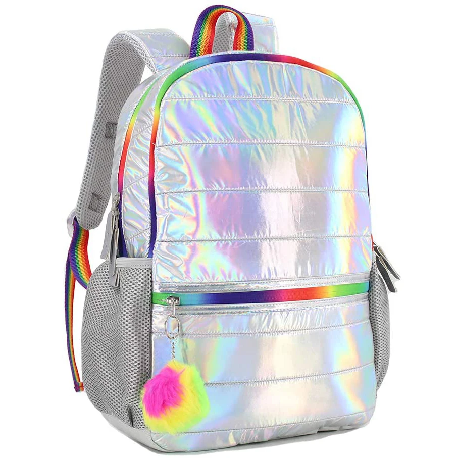 OEM High Quality Elementary School Backpack Holographic Lightweight Kids Teen School Bag Silver
