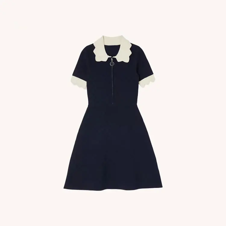 Knitwear manufacturers custom spring summer black lace collar short sleeves women knit sweater dress