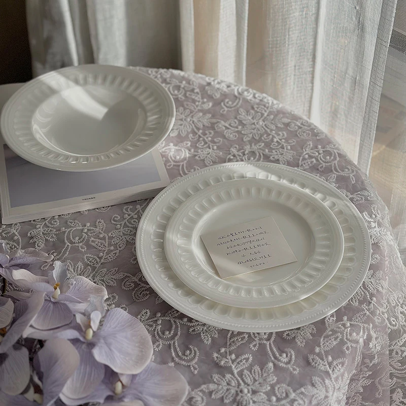 Elegant roman series white dinner plates embossed design ceramic plate set for event