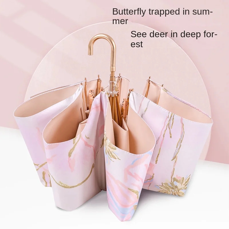 Japanese style folding umbrella with golden frame golden hook handle sun umbrella UPF 50+