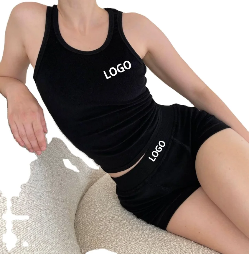 2022 Summer Biker Shorts Set Terry Toweling  Vest 2 Two Piece Set Causal Vest and Short Pants Set for Womyoga sports bra