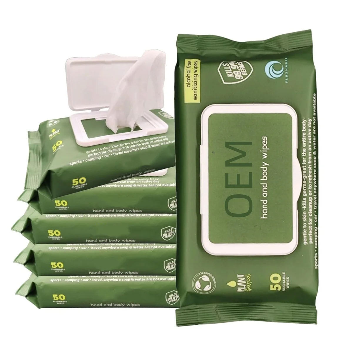 OEM Flushable Wipes Alcohol Free Plant Based Hand Body Wipes For Camping And Hiking