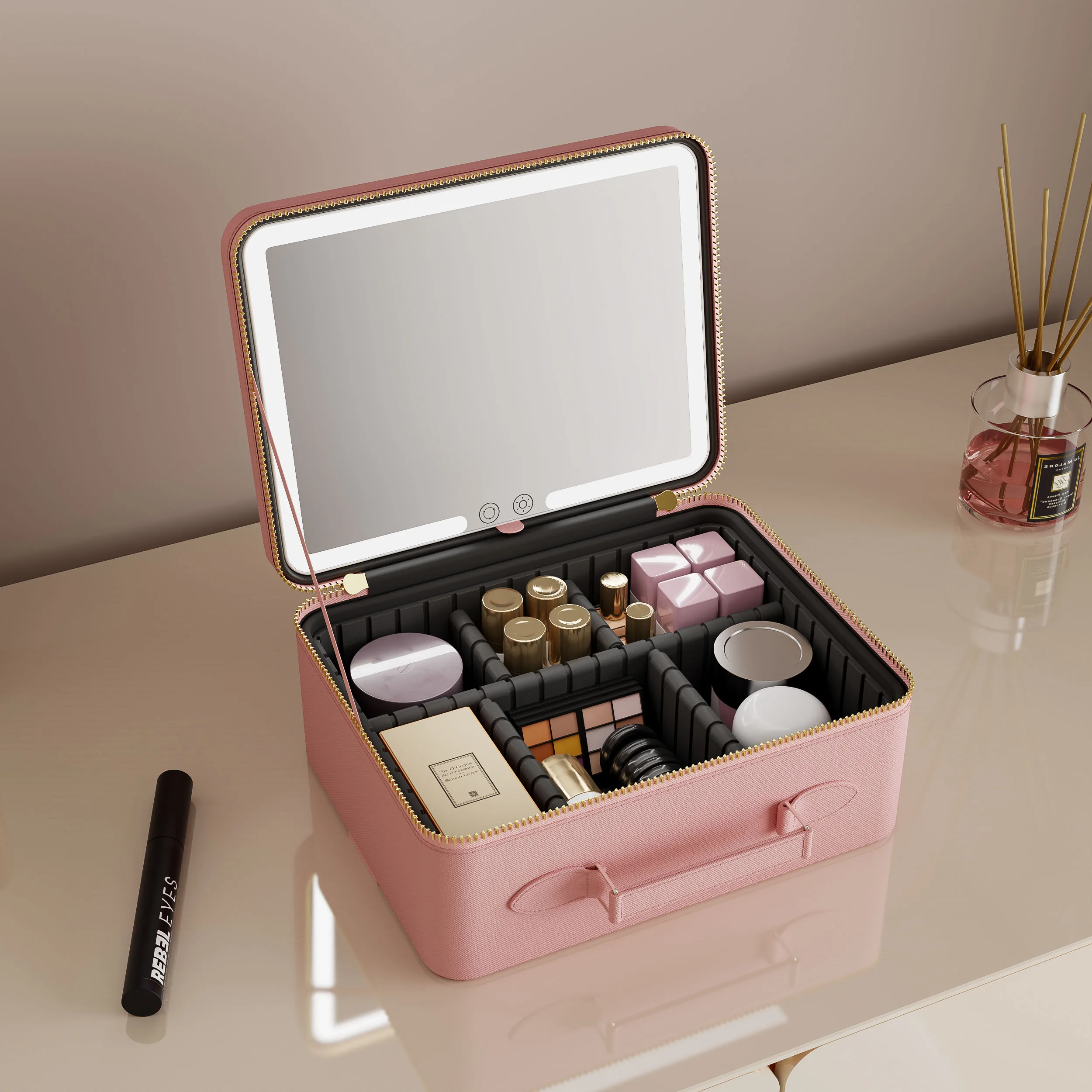 Cosmetic Vanity Make Up Pink Custom Logo Dimmable Lighted Travel With Led Bag Portable Makeup Light Mirror Case