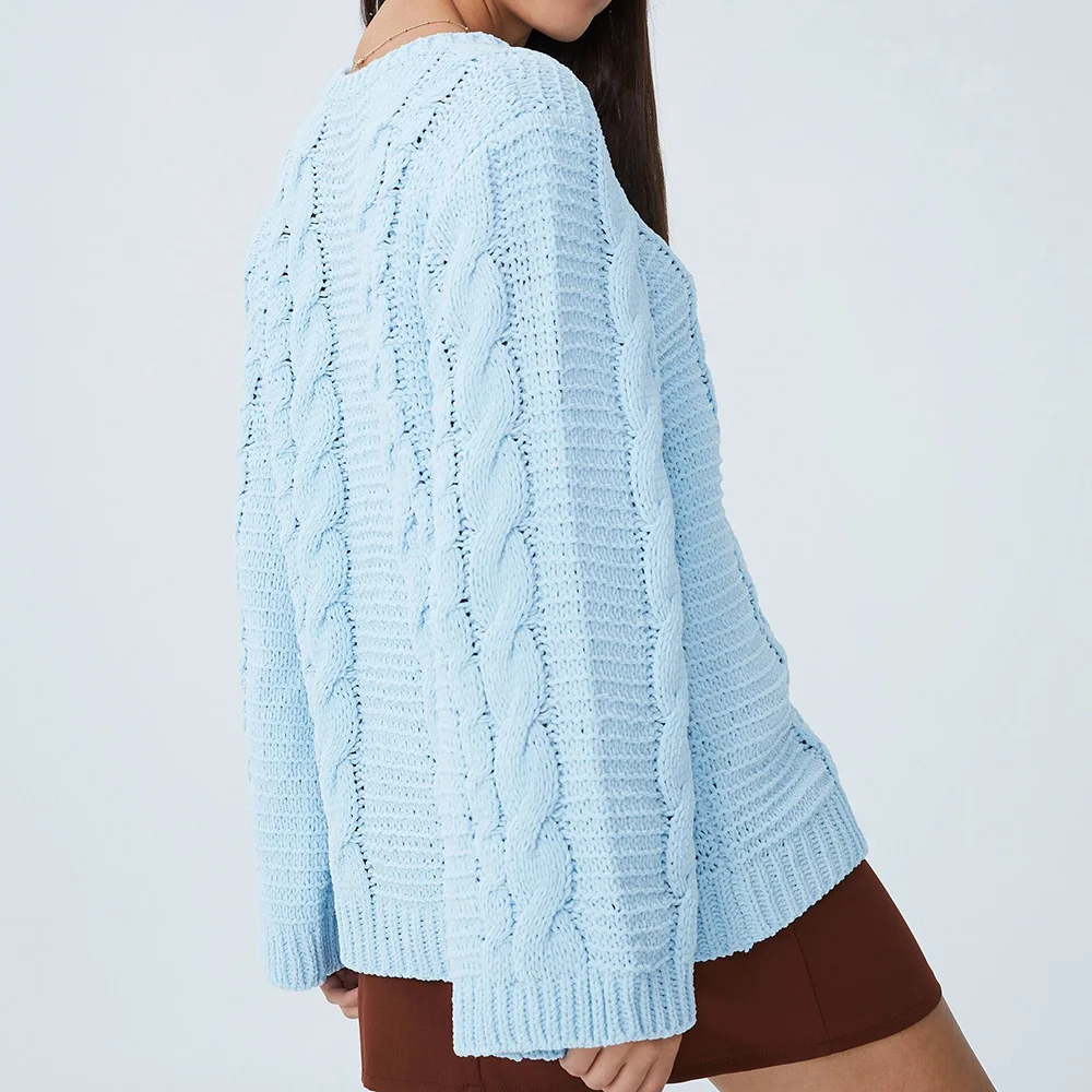 OEM manufacturer ladies fashion trumpet sleeve crew neck pullover cable knitted sweater for women