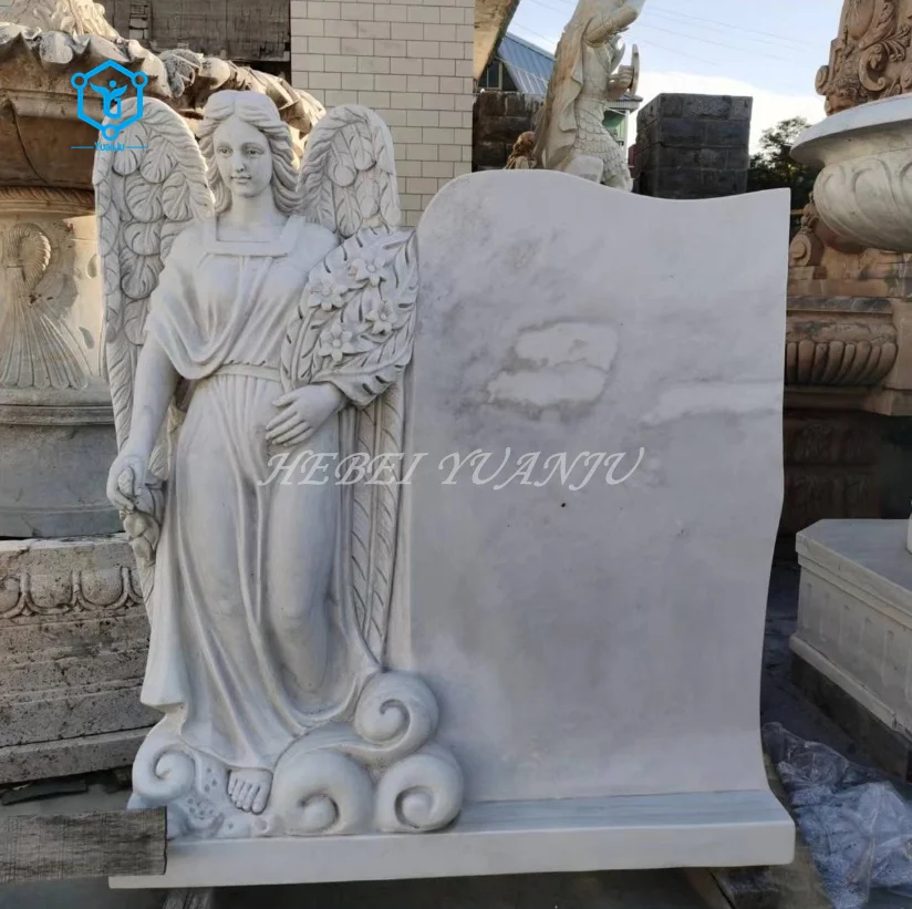 Natural white marble sculpture tombstone with standing angel statue