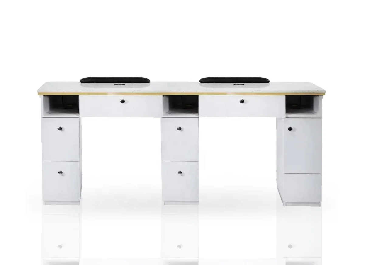 Modern nail salon nail equipment with white gold-plated craftsmanship and large drawers luxurious nail table