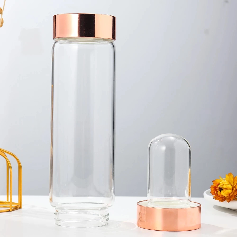Crystal Elixir Glass Water Bottle With Healing Rose Quartz Gemstones Water Bottle For Women Promotional Gift With Logo Printing