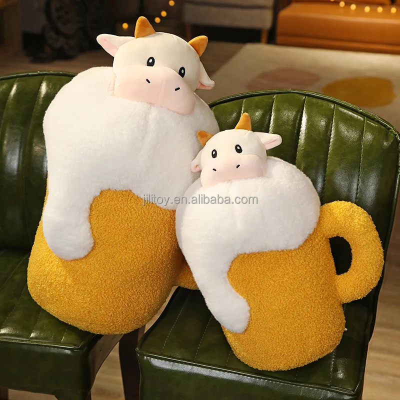 New design popular custom plush animal toys beer pillow beer plush toy cow stuffed toy