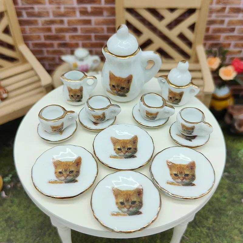 15 pcs/SET :1/12 scale Doll house Miniature Tableware Ceramic Coffee Tea Set Porcelain Tea Cup Set Flower pattern Tableware