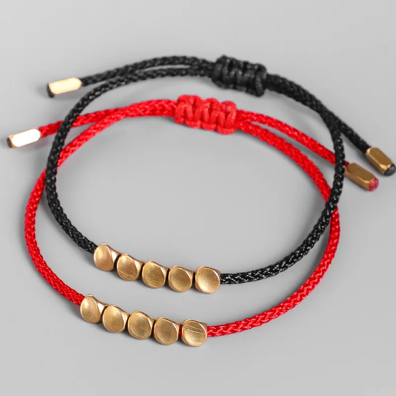 Handmade Adjustable Tibetan Beads Lucky Cord Red String Braided Rope Bracelet Irregular Copper Metal Beads Bracelet for Couple.jpg