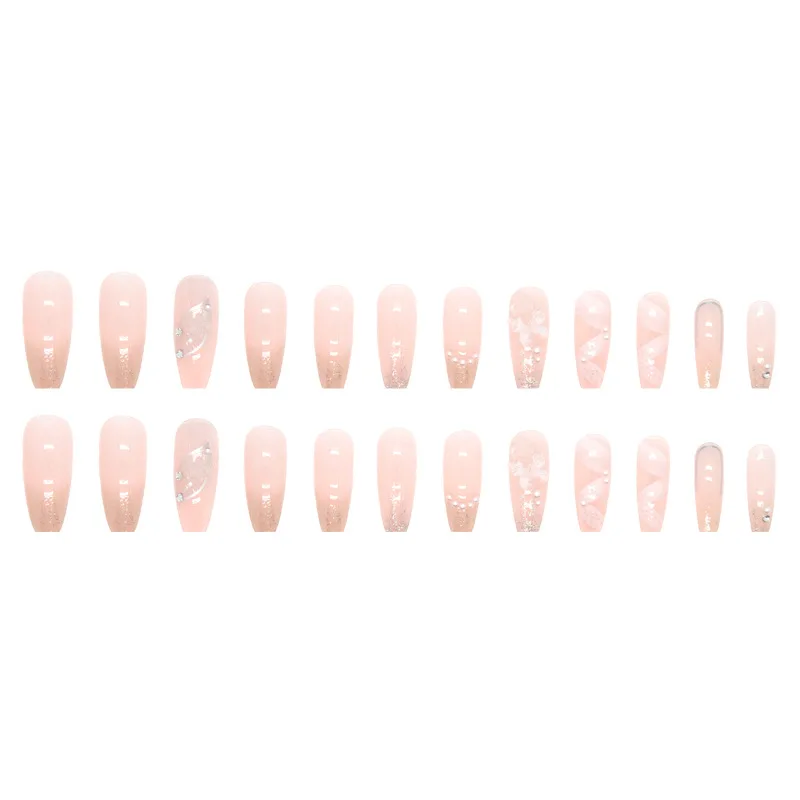 Long Fake Nail Tips Very Beautiful White Lace Flower Butterfly Pearl Press On Nails