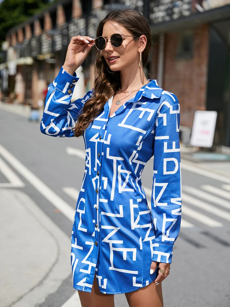 2022 Autumn and winter new fashion letters printed lapel single-breasted shirt dress wholesale