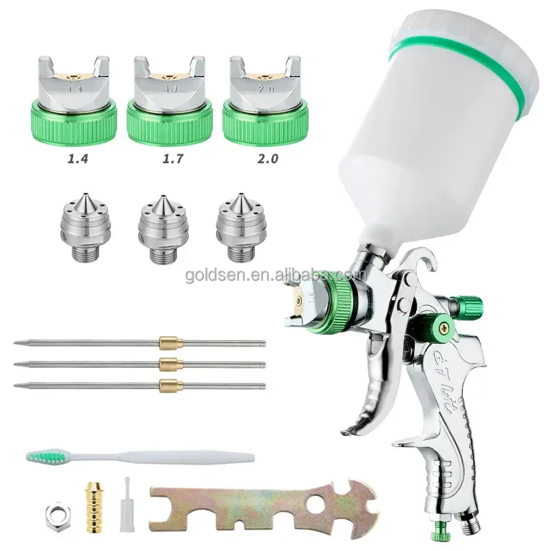 Professional HVLP 600ML 1.4/1.7/2.0mm Nozzle Gravity Pneumatic Green Air Paint Spray Gun For Car Auto Repair Tool Painting Kit