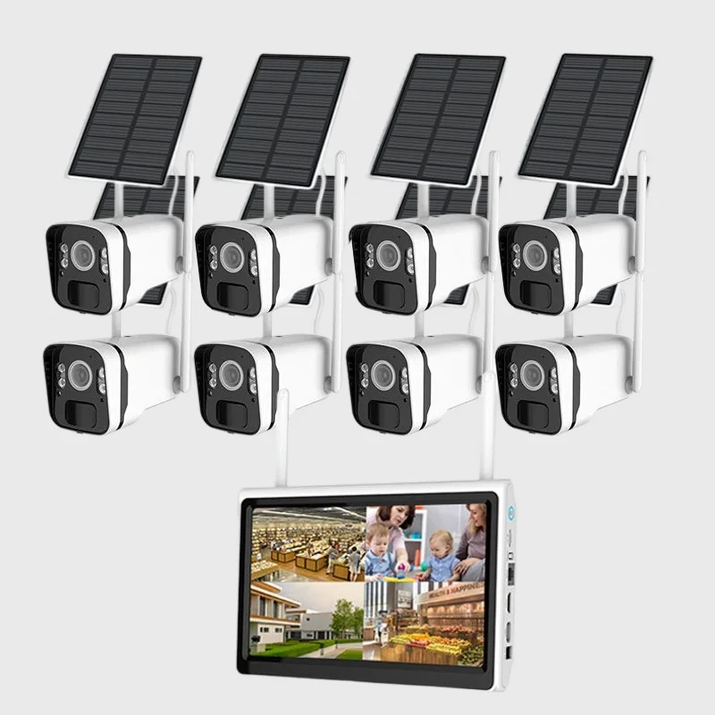 8CH Motion Detection Smart Wireless Nvr Kit IP66 Waterproof Solar Cctv Security Camera With Monitor Screen