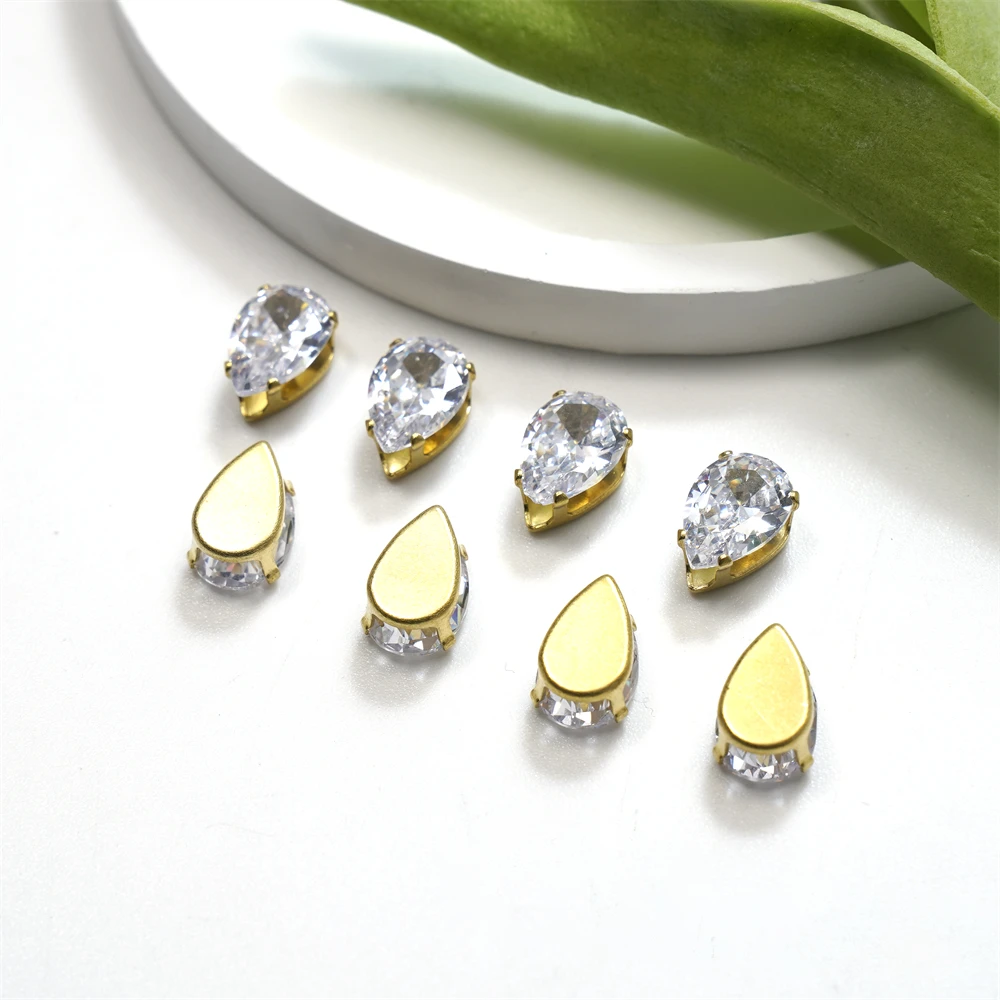 Hot Sale Drop Shape Sewn Crystal Rhinestone Zircon Plated Golde Copper Base Garment Accessories